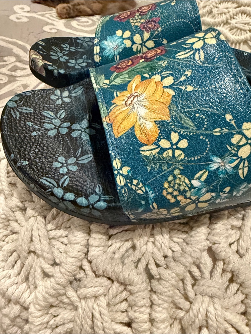 Johnny Was Teal Ciaga Floral Slide Sandals with Yellow and Red Blooms - Picture 2 of 4